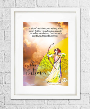 A colorful art print featuring Goddess Artemis, the Greek Goddess of the moon and the hunt, with a quote by Rumi.