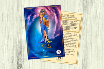 A greeting card with an illustration of the Greek Goddess Tyche, the card is meant as a good luck gift.