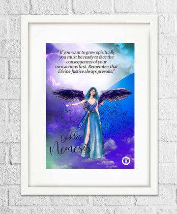 A5 art print featuring Goddess Nemesis with a quote, displayed in a frame, with a blue and purple color scheme.