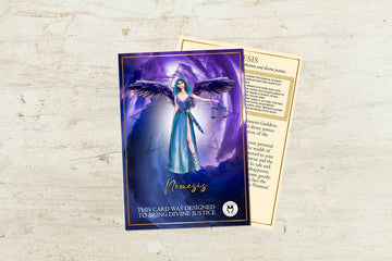 A trading card featuring the Greek Goddess Nemesis, with a blue and purple color scheme and textual information about the goddess.