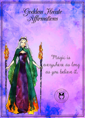 Cover of a booklet titled 'Goddess Hekate Affirmations' featuring a green-colored illustration of a female figure with a crown and holding a staff with two torches, against a purple and blue background with text.