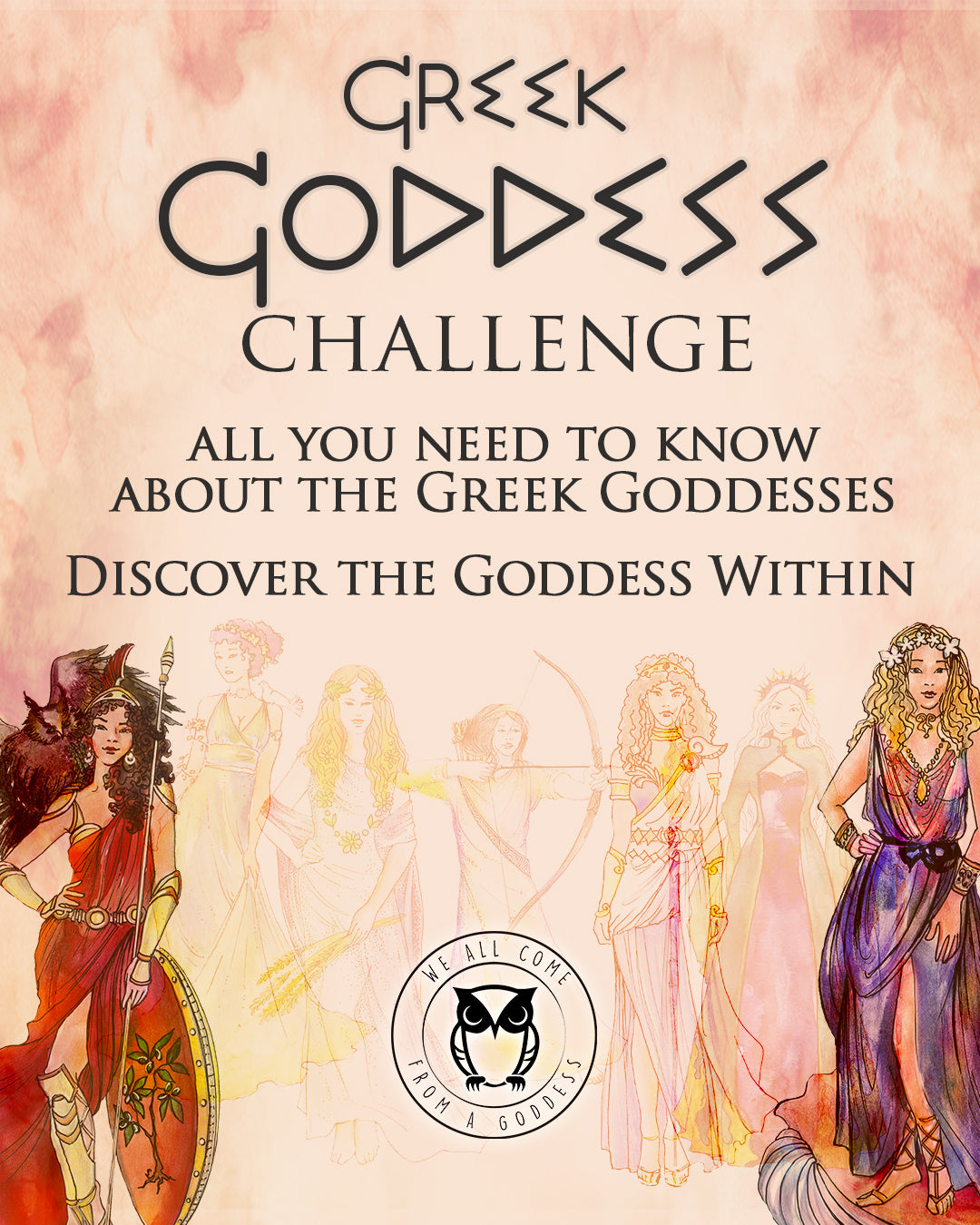 A woman in a white dress sitting in front of a ancient ruins-like background, with text overlay 'Ready to discover the Goddess within?'.
