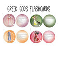 Greek Gods flashcards with images and info of Hestia, Artemis, Apollo, Athena; educational digital download.