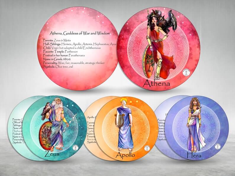 Greek Gods flashcards featuring Athena, Zeus, Apollo, and Hera with vibrant designs and basic info for educational use.