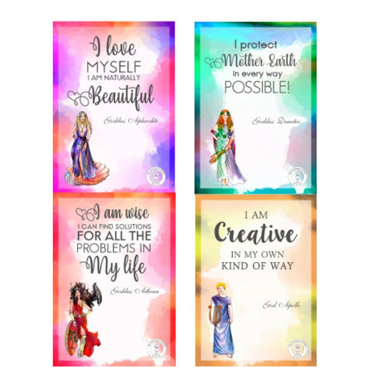 Greek Gods and Goddesses Affirmation Cards. Greek Mythology can teach us and our children high values- download these printables cards now