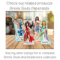 Greek Gods paper dolls of Poseidon, Athena, Hephaestus, and Demeter displayed on a wooden surface