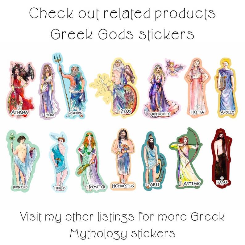 Greek Gods stickers featuring 13 Olympian deities, including Zeus and Athena, with colorful, artistic designs.