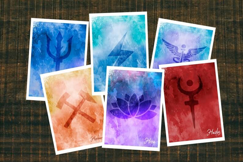 Greek Gods symbol cards with colorful designs inspired by Percy Jackson, perfect for parties and birthdays.