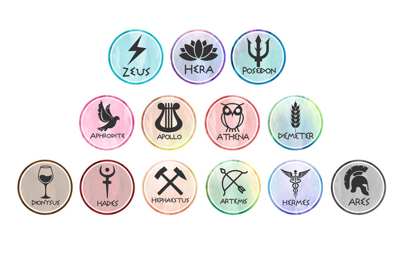 Greek Gods symbols vinyl stickers/Percy Jackson inspired stickers/13 stickers with each God/Goddess symbol, colored or silver version