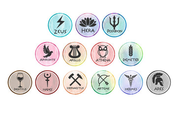 Greek Gods symbols vinyl stickers/Percy Jackson inspired stickers/13 stickers with each God/Goddess symbol, colored or silver version
