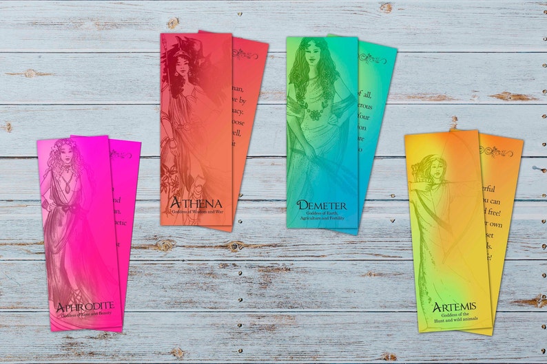 Greek Goddesses Bookmarks/Pack of 7 beautiful bookmarks with Greek Goddesses and inspiring quotes to celebrate the female nature