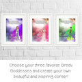 A colorful art print featuring Goddess Artemis, the Greek Goddess of the moon and the hunt, with a quote by Rumi.