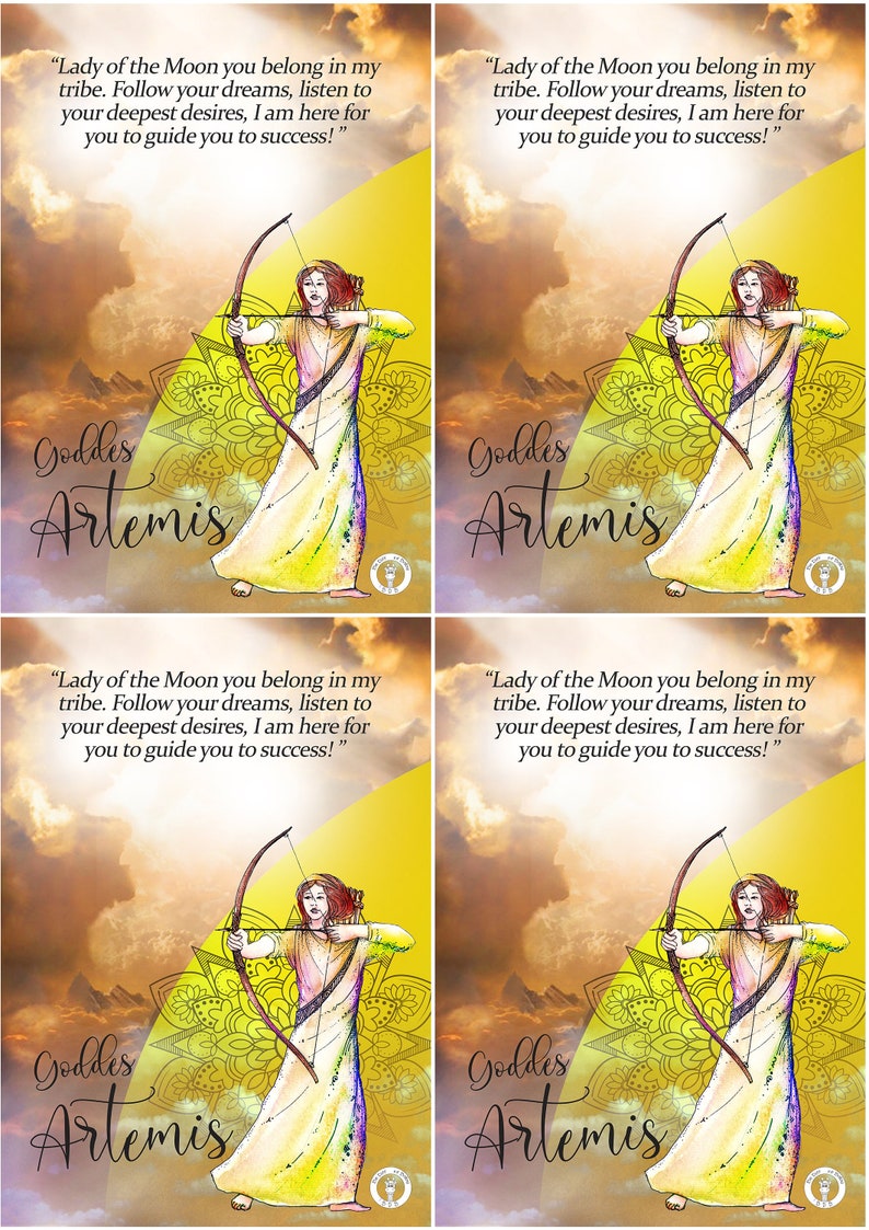 A colorful art print featuring Goddess Artemis, the Greek Goddess of the moon and the hunt, with a quote by Rumi.