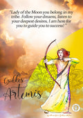 A colorful art print featuring Goddess Artemis, the Greek Goddess of the moon and the hunt, with a quote by Rumi.
