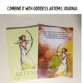 A colorful art print featuring Goddess Artemis, the Greek Goddess of the moon and the hunt, with a quote by Rumi.