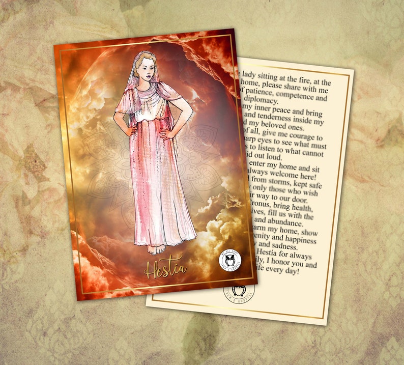 A prayer card featuring a graphic of the Greek goddess Hestia with a fiery background, accompanied by an excerpt of a poem invoking the goddess.