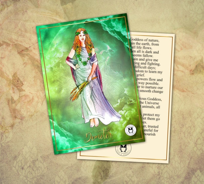 A prayer card featuring a graphic of the Greek goddess Hestia with a fiery background, accompanied by an excerpt of a poem invoking the goddess.