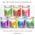 A colorful art print featuring Goddess Artemis, the Greek Goddess of the moon and the hunt, with a quote by Rumi.