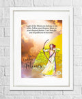 A colorful art print featuring Goddess Artemis, the Greek Goddess of the moon and the hunt, with a quote by Rumi.