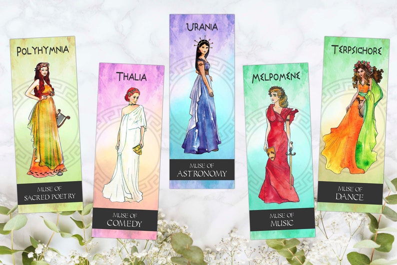 Nine Muses Bookmarks/9 bookmarks with each Muse and and a message/Greek Muses art/Erato,Melpomene,Clio,Terpsichore,Thalia,Euterpe,Calliope