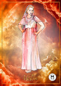 A prayer card featuring a graphic of the Greek goddess Hestia with a fiery background, accompanied by an excerpt of a poem invoking the goddess.