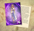 A prayer card featuring a graphic of the Greek goddess Hestia with a fiery background, accompanied by an excerpt of a poem invoking the goddess.