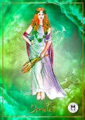 A prayer card featuring a graphic of the Greek goddess Hestia with a fiery background, accompanied by an excerpt of a poem invoking the goddess.