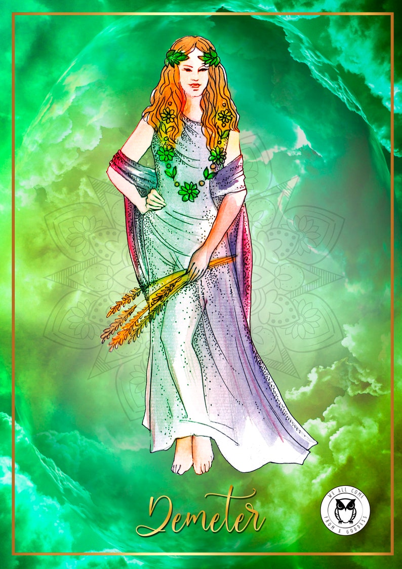 A prayer card featuring a graphic of the Greek goddess Hestia with a fiery background, accompanied by an excerpt of a poem invoking the goddess.