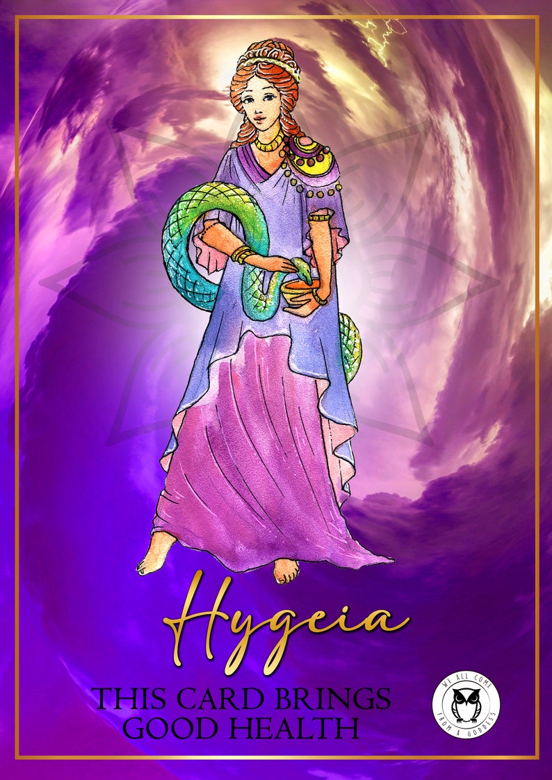 A greeting card featuring an illustration of the Greek Goddess of Health, Hygeia, with purple and pink background, text indicating the purpose and usage of the card.