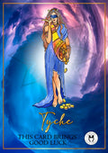 A greeting card with an illustration of the Greek Goddess Tyche, the card is meant as a good luck gift.