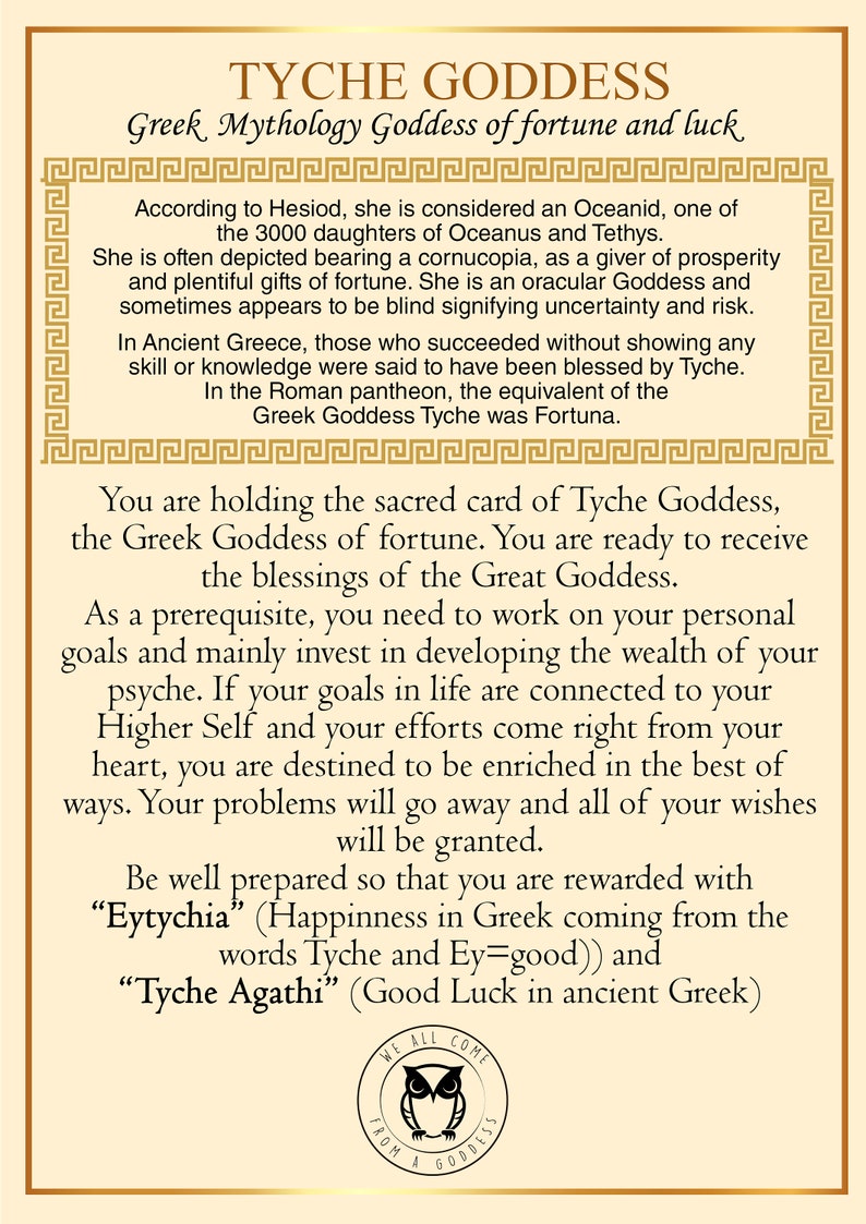 A greeting card with an illustration of the Greek Goddess Tyche, the card is meant as a good luck gift.