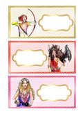 A set of three illustrated bags each featuring a different Greek goddess. The bags are designed with colorful illustrations of the goddesses Athena, Hera, and Hecate on a gold and red background.