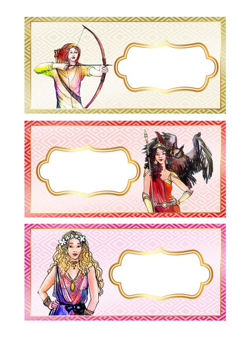 A set of three illustrated bags each featuring a different Greek goddess. The bags are designed with colorful illustrations of the goddesses Athena, Hera, and Hecate on a gold and red background.