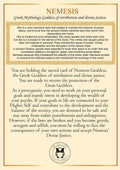 A trading card featuring the Greek Goddess Nemesis, with a blue and purple color scheme and textual information about the goddess.