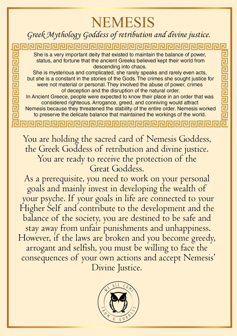 A trading card featuring the Greek Goddess Nemesis, with a blue and purple color scheme and textual information about the goddess.