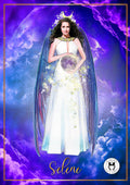 A prayer card featuring the Greek Goddess Selene, depicted with a white dress and holding a golden orb, against a purple background. There is a poem and a symbol on the back of the card.