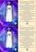 A prayer card featuring the Greek Goddess Selene, depicted with a white dress and holding a golden orb, against a purple background. There is a poem and a symbol on the back of the card.