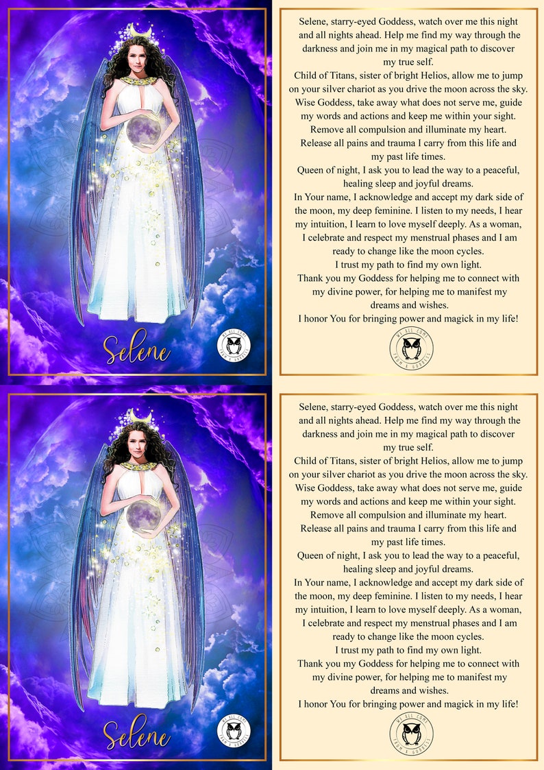 A prayer card featuring the Greek Goddess Selene, depicted with a white dress and holding a golden orb, against a purple background. There is a poem and a symbol on the back of the card.