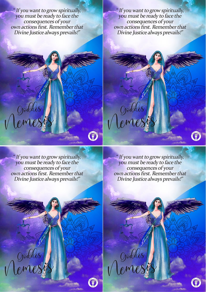A5 art print featuring Goddess Nemesis with a quote, displayed in a frame, with a blue and purple color scheme.