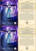 A trading card featuring the Greek Goddess Nemesis, with a blue and purple color scheme and textual information about the goddess.