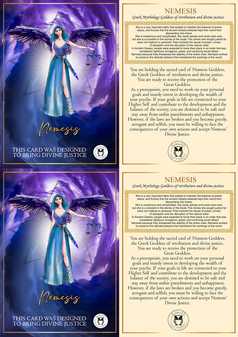 A trading card featuring the Greek Goddess Nemesis, with a blue and purple color scheme and textual information about the goddess.