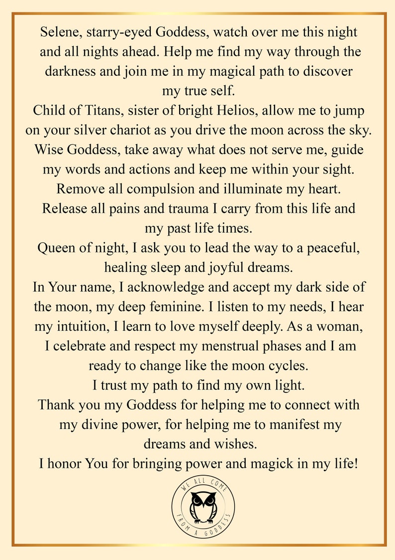 A prayer card featuring the Greek Goddess Selene, depicted with a white dress and holding a golden orb, against a purple background. There is a poem and a symbol on the back of the card.