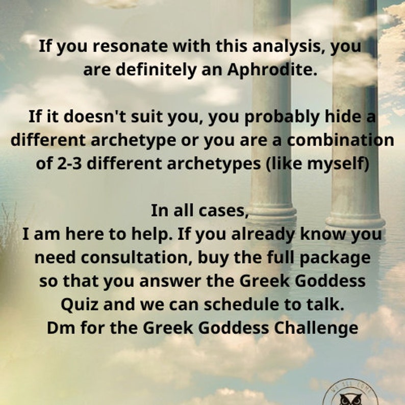 Illustration of a woman dressed in a flowing purple and pink dress, with a title 'ARE YOU AN APHRODITE? DISCOVER THE GODDESS WITHIN' above her.