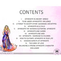 Illustration of a woman dressed in a flowing purple and pink dress, with a title 'ARE YOU AN APHRODITE? DISCOVER THE GODDESS WITHIN' above her.