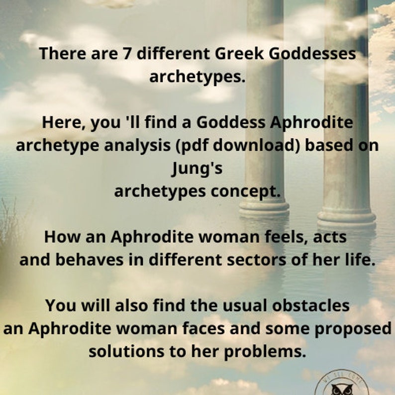 Illustration of a woman dressed in a flowing purple and pink dress, with a title 'ARE YOU AN APHRODITE? DISCOVER THE GODDESS WITHIN' above her.