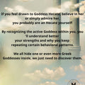 Cover of a booklet titled 'Goddess Hekate Affirmations' featuring a green-colored illustration of a female figure with a crown and holding a staff with two torches, against a purple and blue background with text.