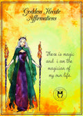 Cover of a booklet titled 'Goddess Hekate Affirmations' featuring a green-colored illustration of a female figure with a crown and holding a staff with two torches, against a purple and blue background with text.