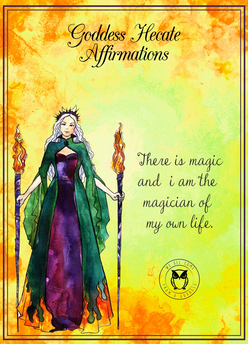 Cover of a booklet titled 'Goddess Hekate Affirmations' featuring a green-colored illustration of a female figure with a crown and holding a staff with two torches, against a purple and blue background with text.