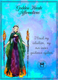 Cover of a booklet titled 'Goddess Hekate Affirmations' featuring a green-colored illustration of a female figure with a crown and holding a staff with two torches, against a purple and blue background with text.