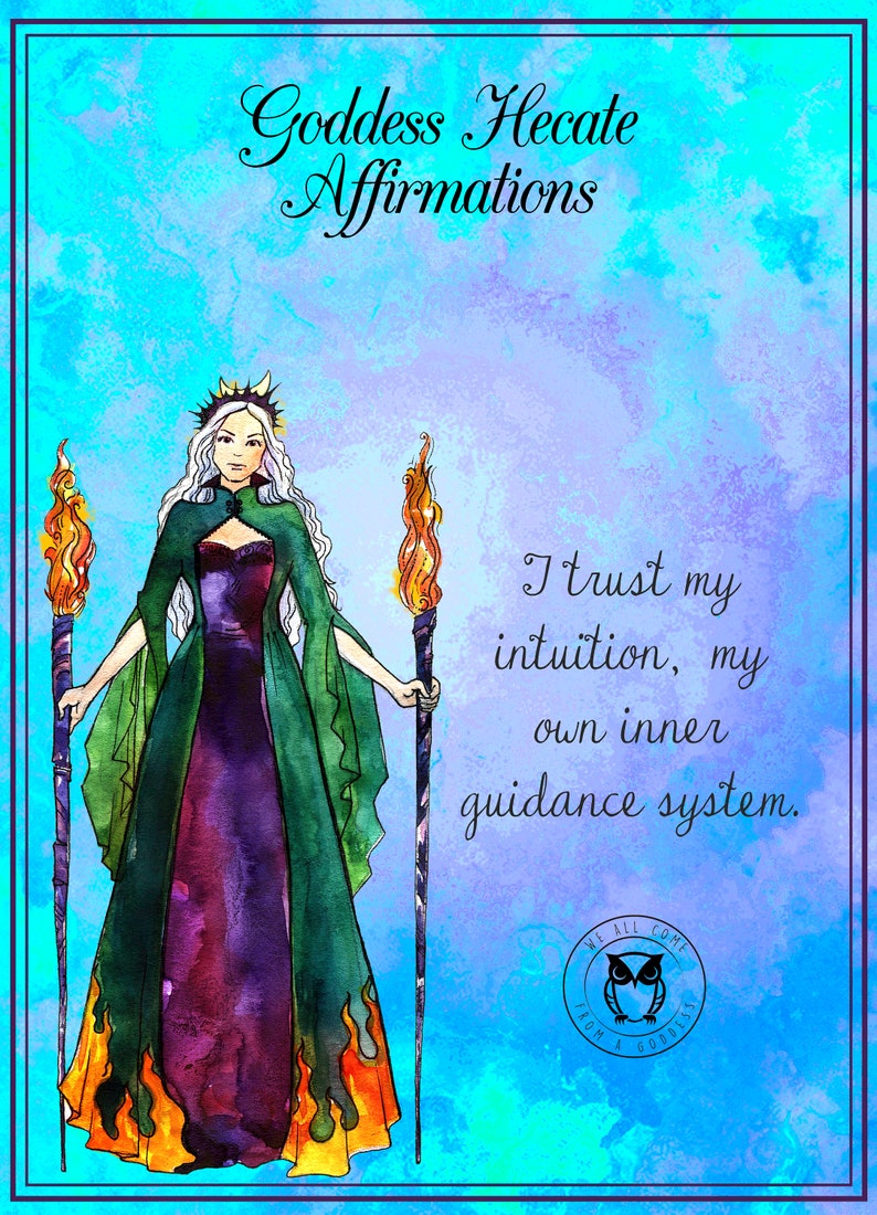 Cover of a booklet titled 'Goddess Hekate Affirmations' featuring a green-colored illustration of a female figure with a crown and holding a staff with two torches, against a purple and blue background with text.